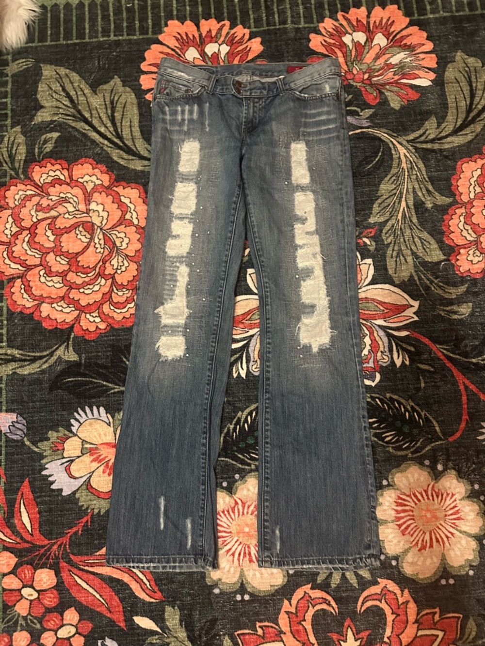 Y2K 💎 Seven7 Studio Distressed Flare Jeans Rhinestone Studded Size 31 Bootcut